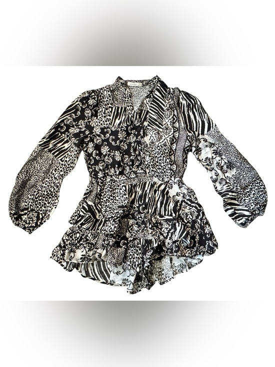 Skylar Rose Pants - Skylar Rose Black & White Mixed-Print Long-sleeve Ruffle Romper, Medium